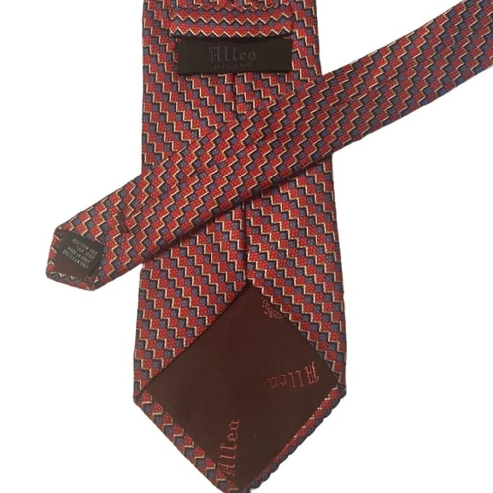 Altea luxury Italian silk tie, geometric red & blue w/ gold, small squares, 4”